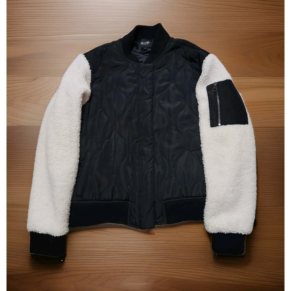 Stoosh Bomber Jacket Quilted Zip Black Sherpa Sleeves Pockets Womens Size M
